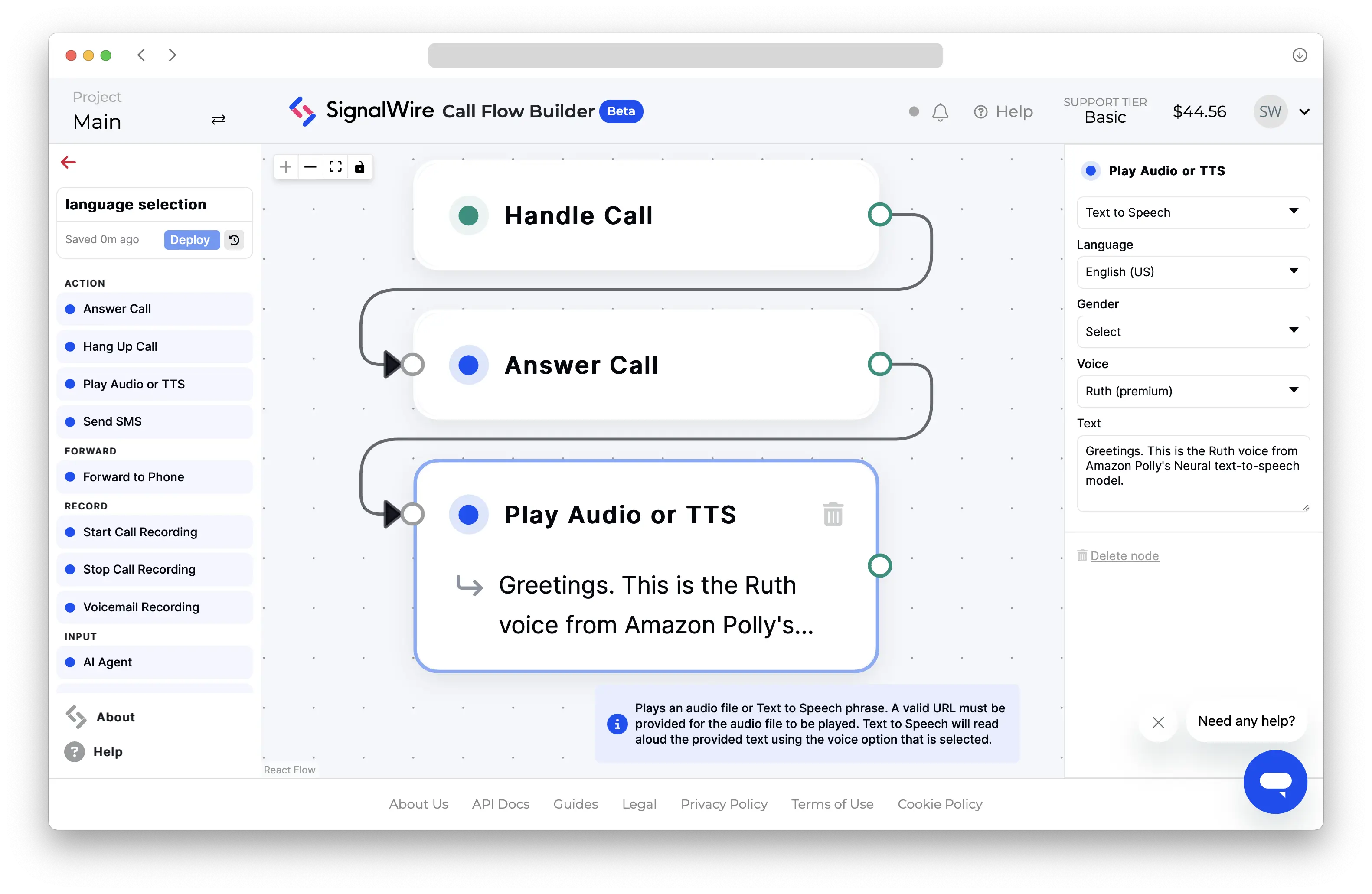 The Call Flow Builder interface. A voice is selected in the drop-down menu.