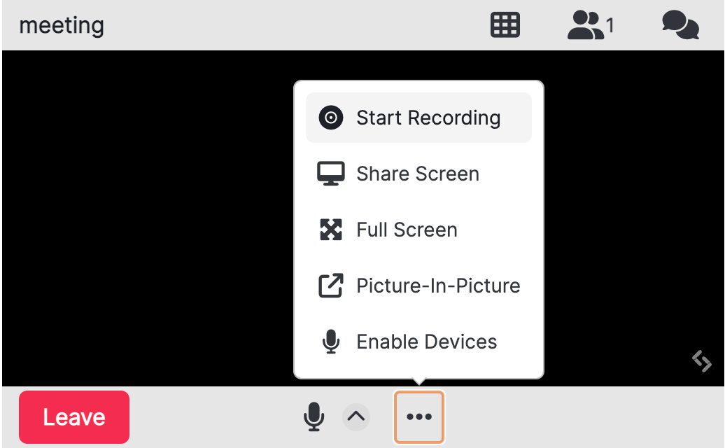 A screenshot of an embedded video conference widget. The ellipsis menu icon is selected, showing the 'Start Recording' menu item.