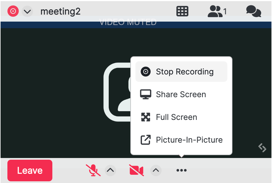 A screenshot of an embedded video conference widget. The ellipsis menu icon is selected, showing the 'Stop Recording' menu item.