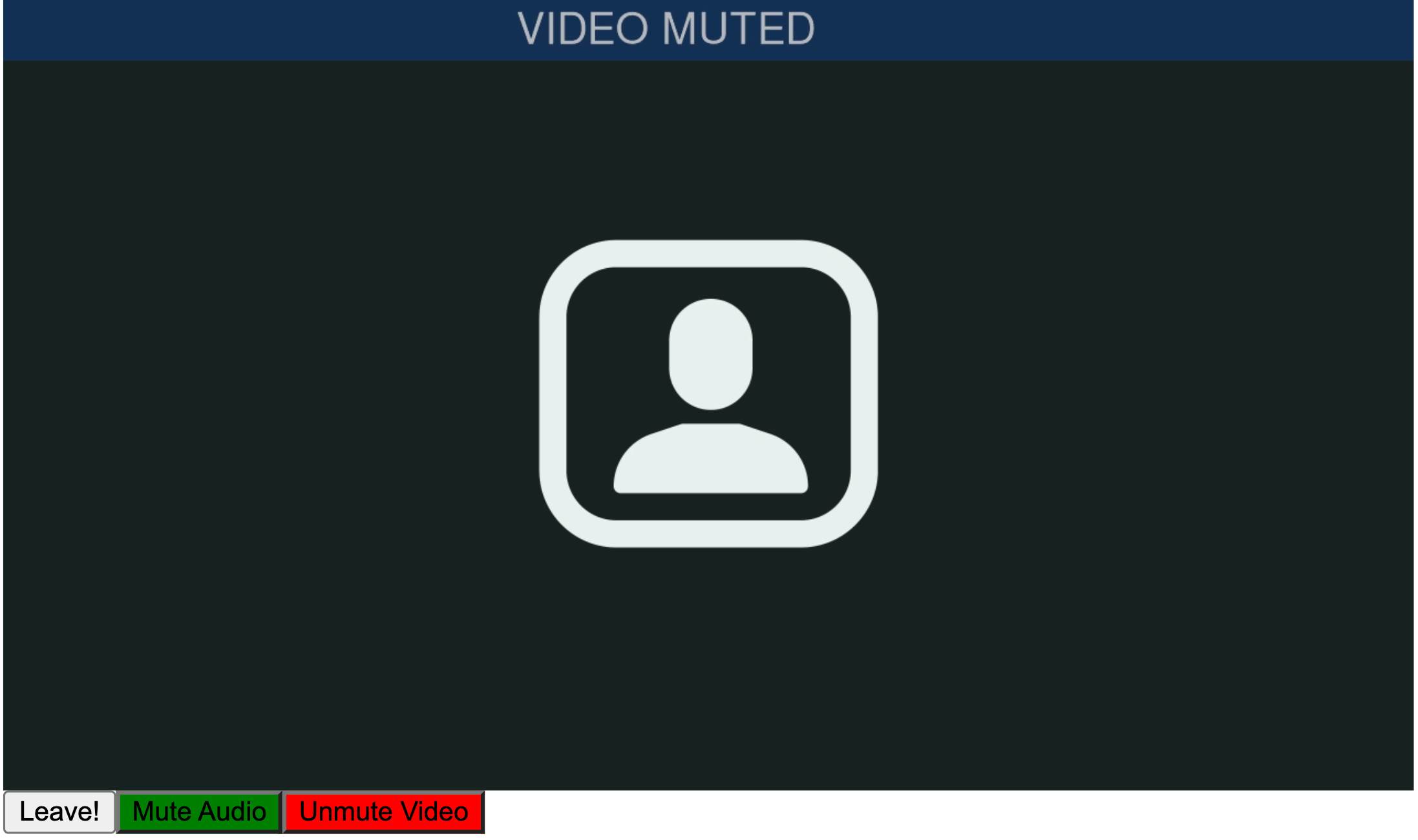 A screenshot of the React application. Buttons beneath the video allow the user to Leave, Mute or Unmute Audio, and Mute or Unmute Video.