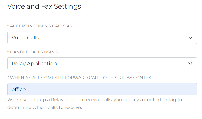 A screenshot of the Voice and Fax Settings pane. Incoming calls will be accepted as voice calls, and handled with a Relay Application defined as the 'office' Relay context.