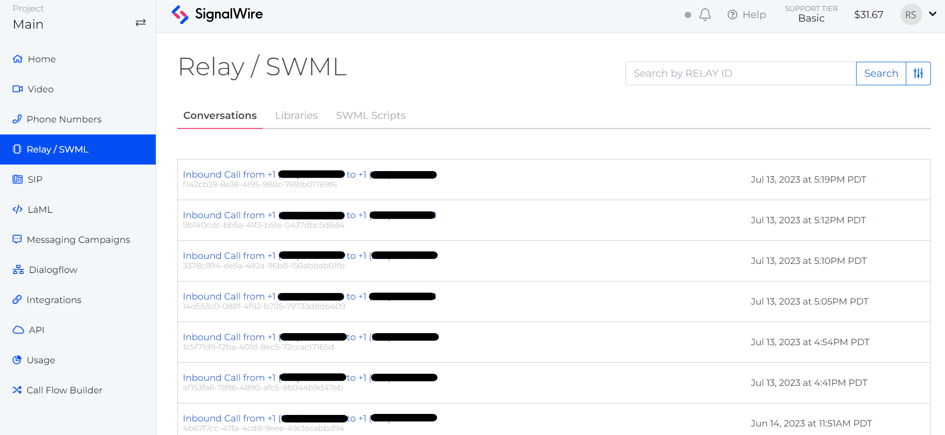 A Image displaying the Logs page within the SignalWire Dashboard.