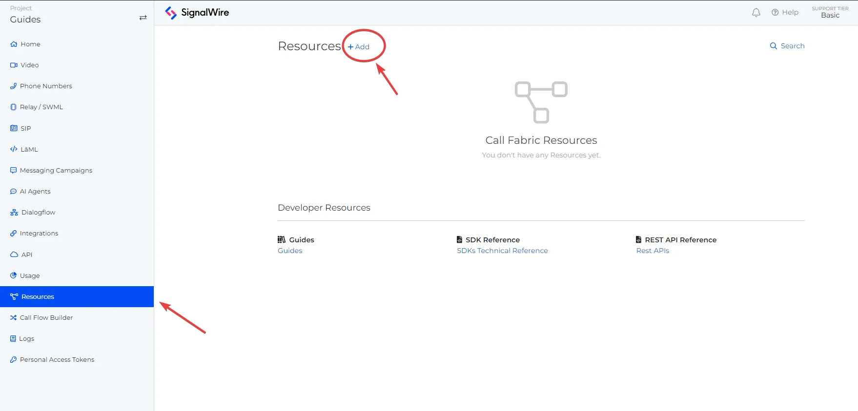 Resources Page on the SignalWire Dashboard. Two arrows points at the 'Resource' and 'Add New' option.