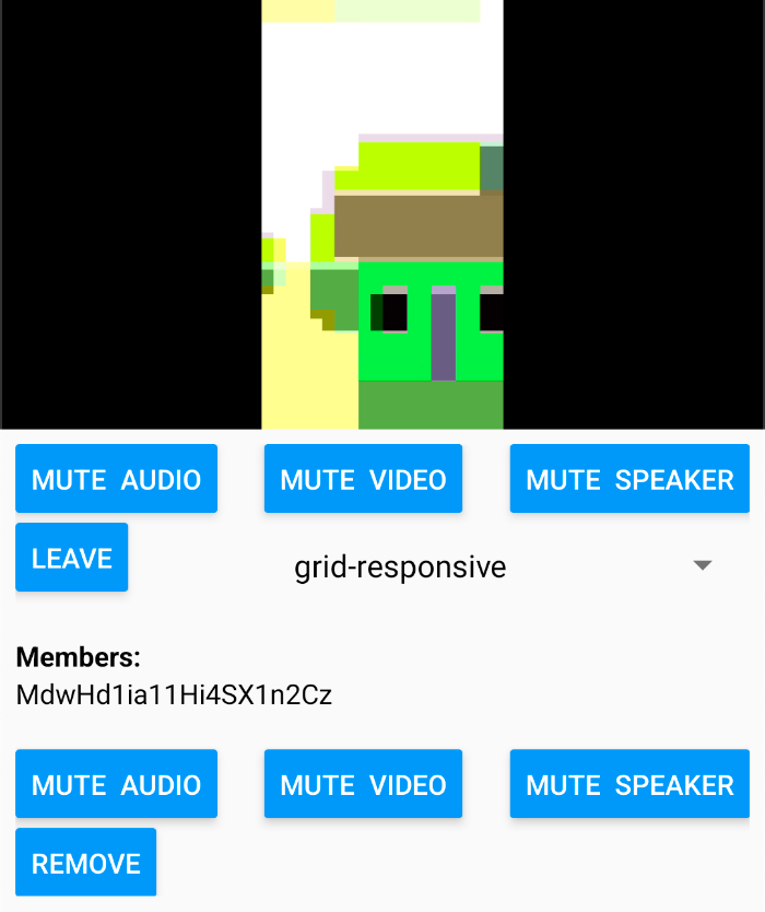 A screenshot of the resulting React Native video application. Buttons beneath the video allow for user control over muting and unmuting audio, video, and speaker, leaving, and changing layout. The Members list includes individual controls over audio, video, speaker, and removal. 