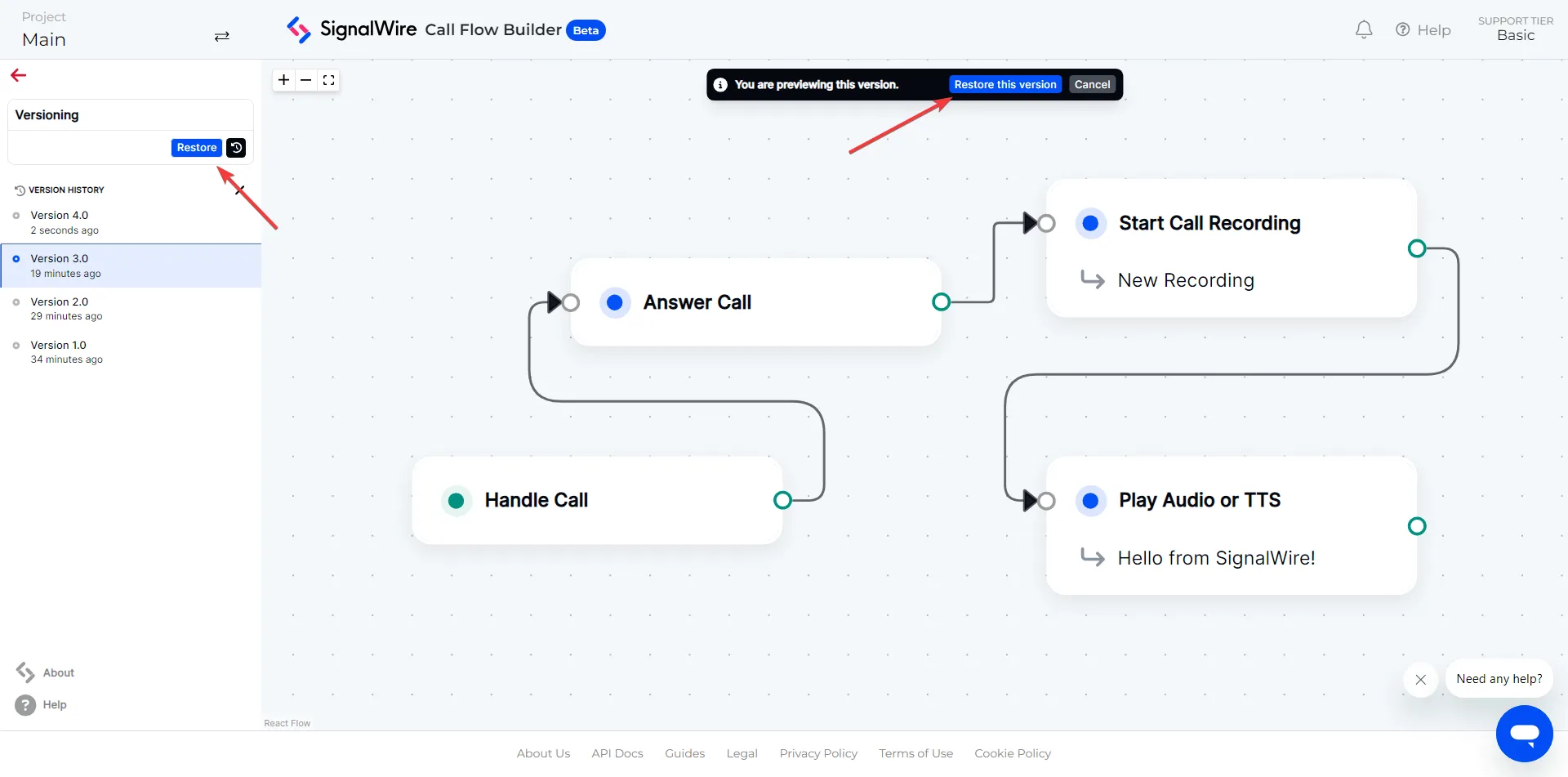 Reverting to a previous version of a Call Flow.