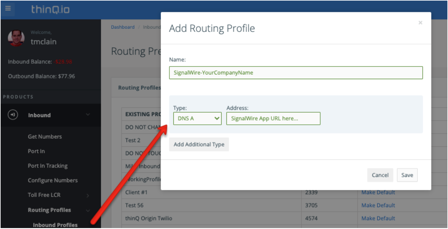 The Add Routing Profile popup in the thinQ interface