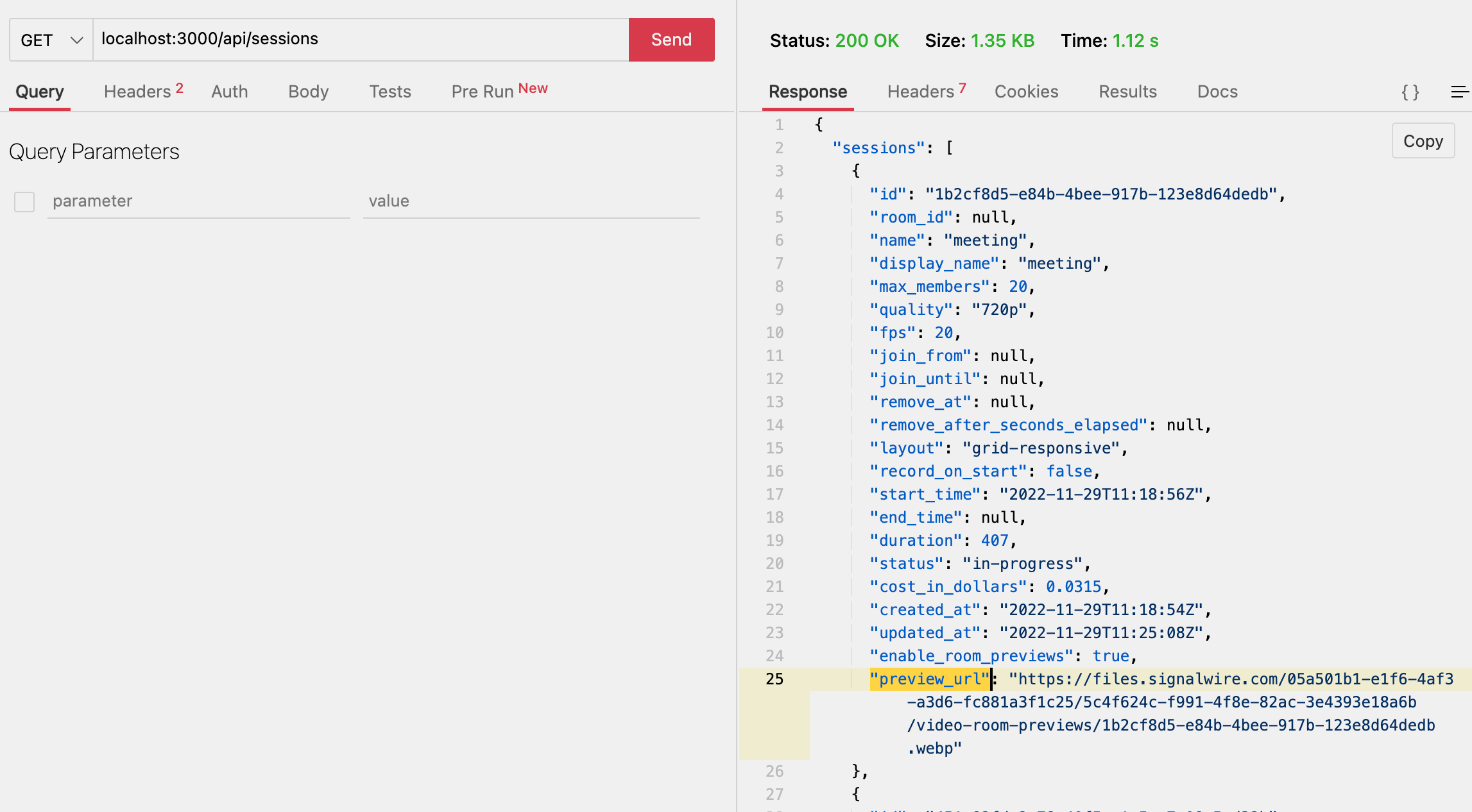 A screenshot of a GET query in Thunder Client. A GET request is being sent to /api/sessions.