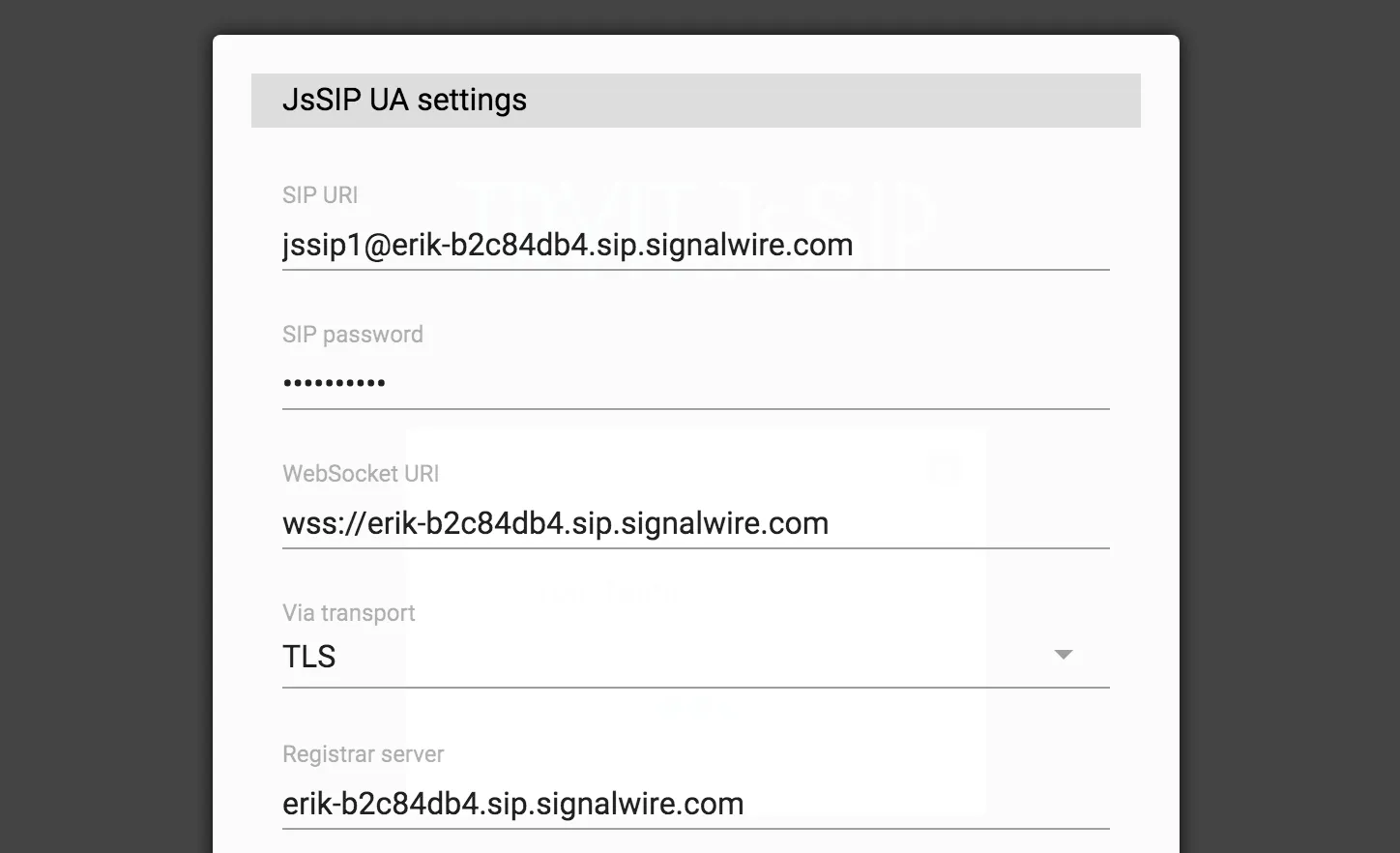 The JsSIP UA settings pane