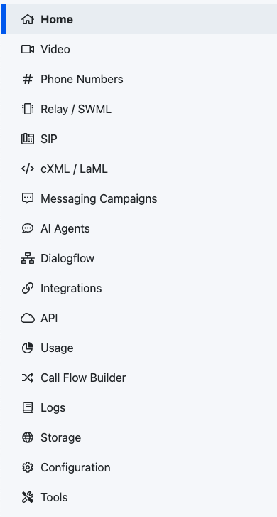 The main sidebar menu of the legacy SignalWire Space Dashboard UI.