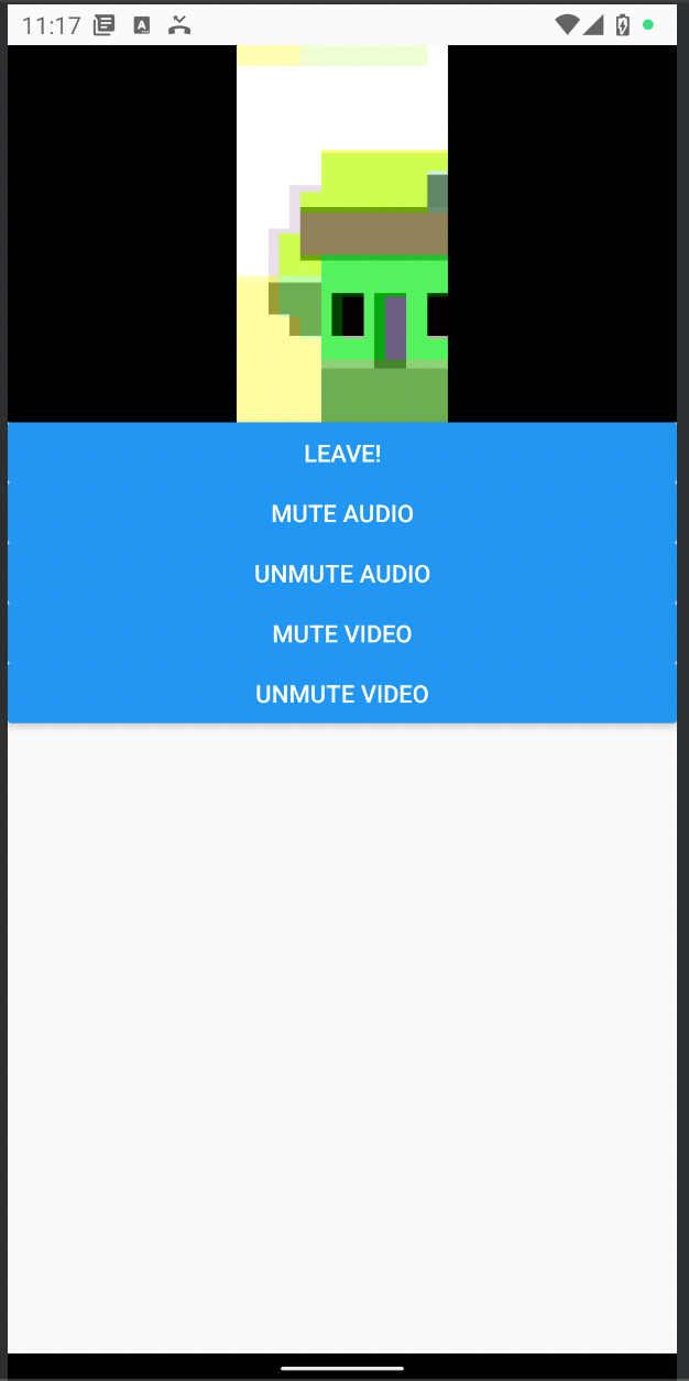 A screenshot of the React Native application. Buttons allow the user to leave the call and mute or unmute audio and video.