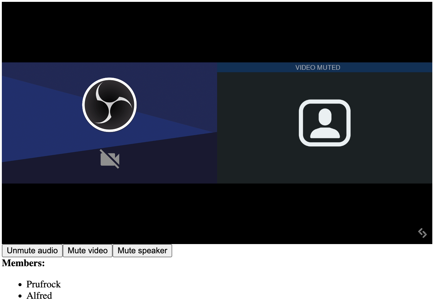 A screenshot of the Video Conference element. There are two participants in the conference. Beneath the video, buttons allow the user to control audio, video, and speaker. There is also a list of conference members.