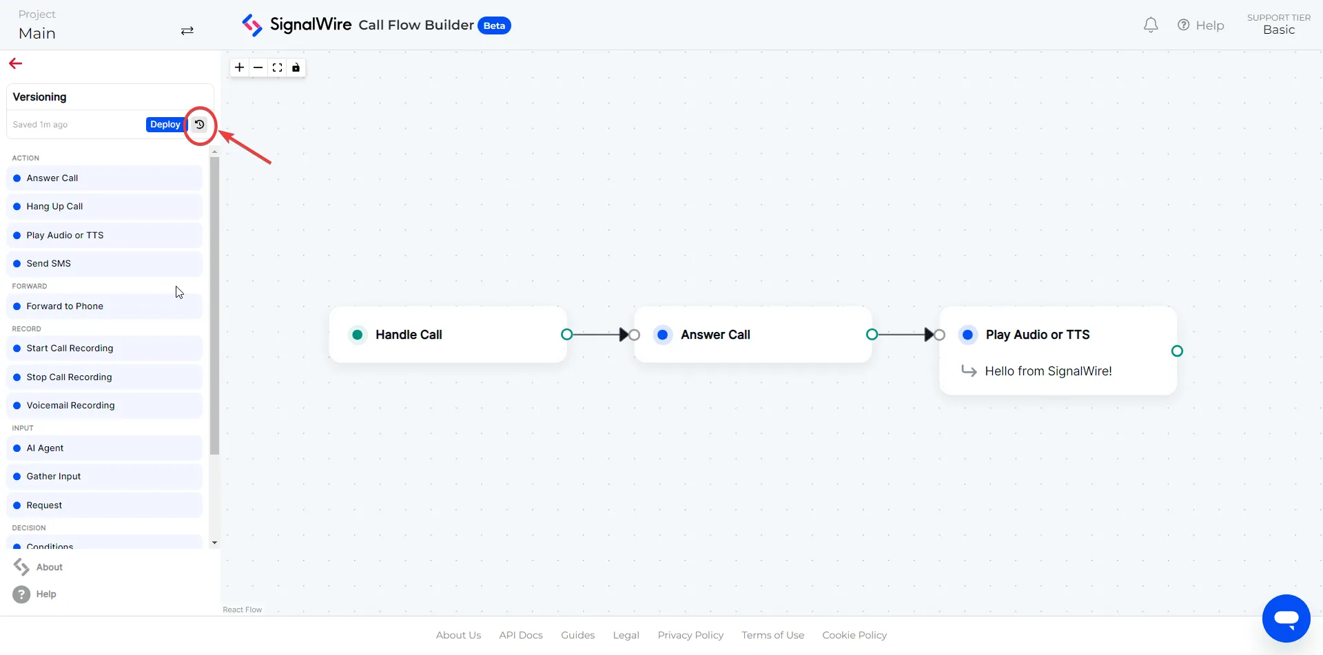 Opening the version history of a Call Flow.