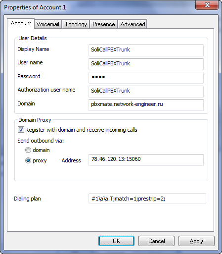 Example SIP client settings for testing PBXMate registration