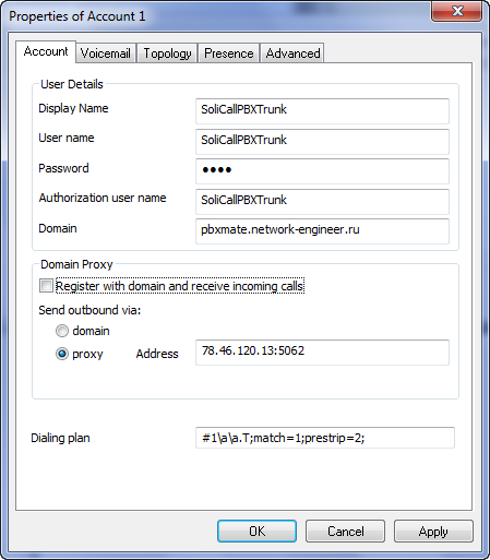 Example SIP client settings to perform testing of PBXMate