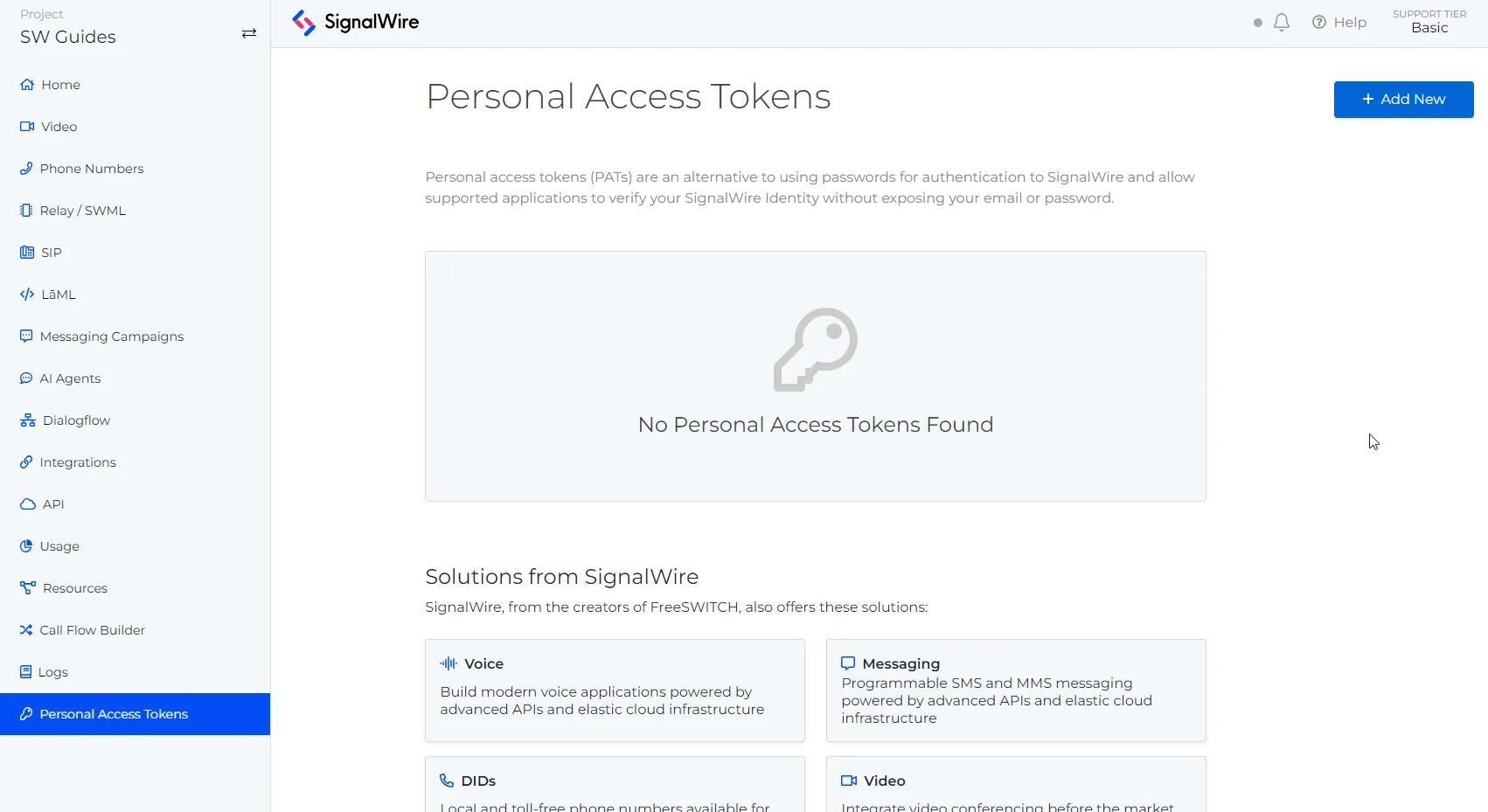 Personal Access Tokens Page